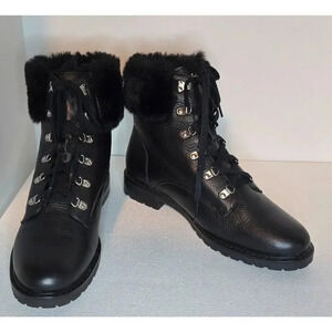 WOMEN'S LAUREN RALPH LAUREN LEATHER TIE ANKLE BOOTS LANESCOT FAUX FUR BLACK 10 B
